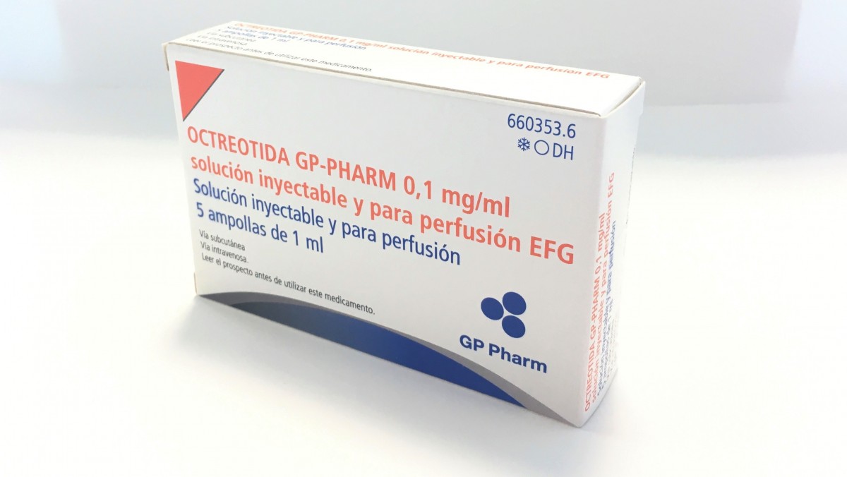 OCTREOTIDA GP-PHARM 0,1 mg/ml SOLUCION INYECTABLE Y PARA PERFUSION EFG , 5 ampollas de 1 ml fotografía del envase.