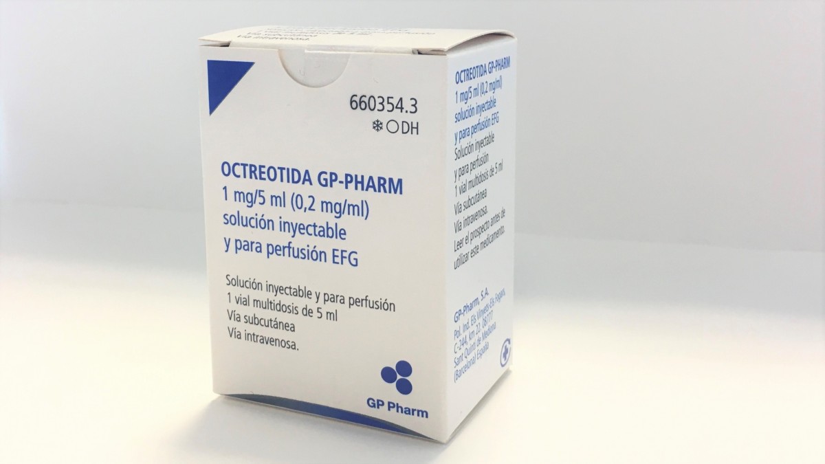 OCTREOTIDA GP-PHARM 1 mg /5 ml  (0,2 mg/ml) SOLUCION INYECTABLE Y PARA PERFUSION EFG , 1 vial de 5 ml fotografía del envase.