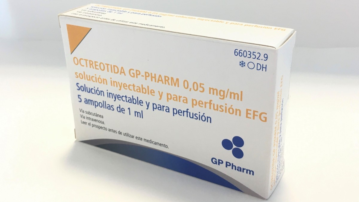 OCTREOTIDA GP-PHARM  0,0 5 mg/ml SOLUCION INYECTABLE Y PARA PERFUSION EFG , 5 ampollas de 1 ml fotografía del envase.