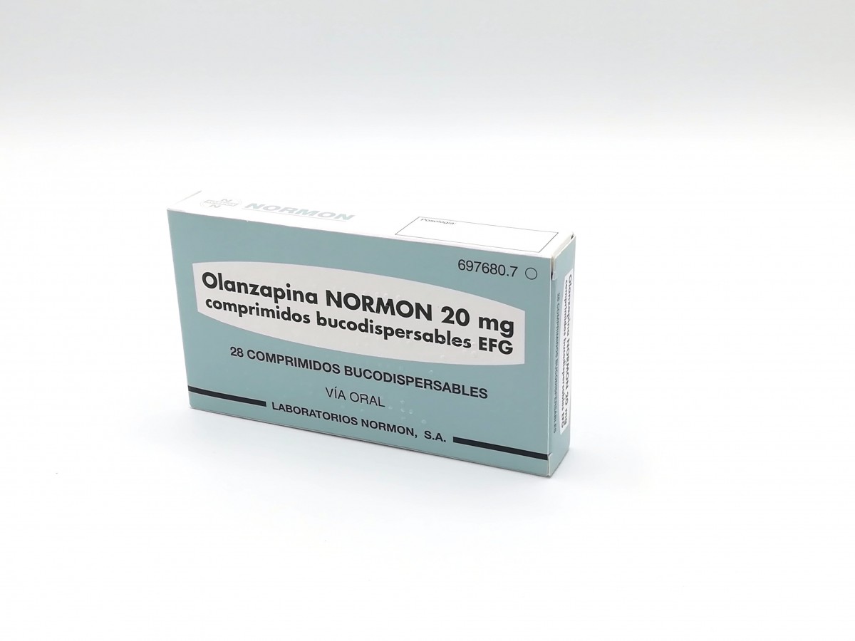 OLANZAPINA NORMON  20 MG COMPRIMIDOS BUCODISPERSABLES EFG , 28 comprimidos fotografía del envase.