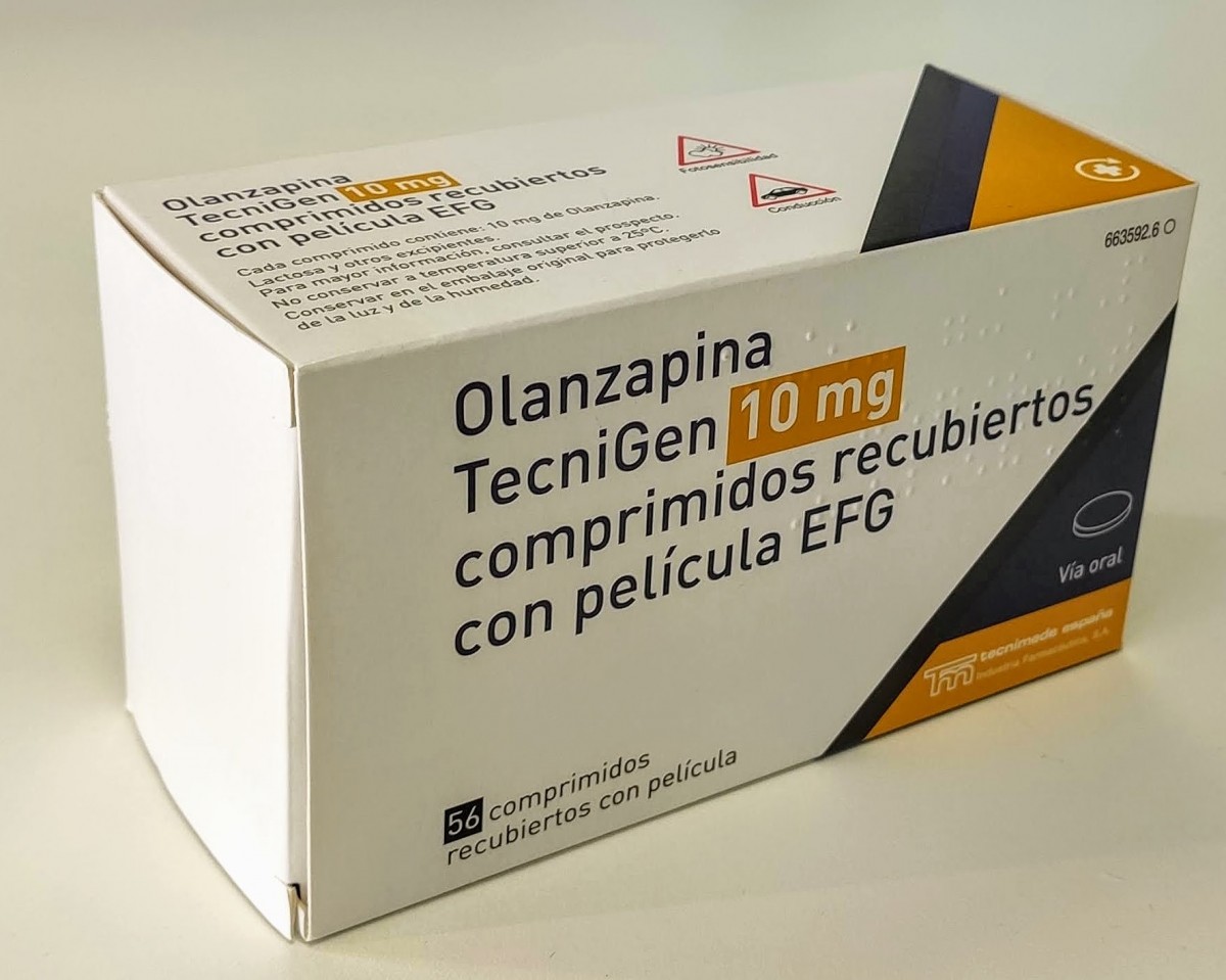 OLANZAPINA TECNIGEN 10 mg COMPRIMIDOS RECUBIERTOS CON PELICULA EFG, 56 comprimidos fotografía del envase.