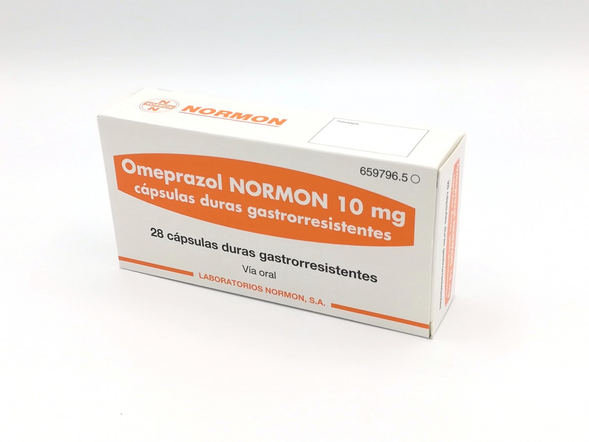OMEPRAZOL NORMON 10 mg CAPSULAS DURAS GASTRORRESISTENTES , 28 cápsulas fotografía del envase.