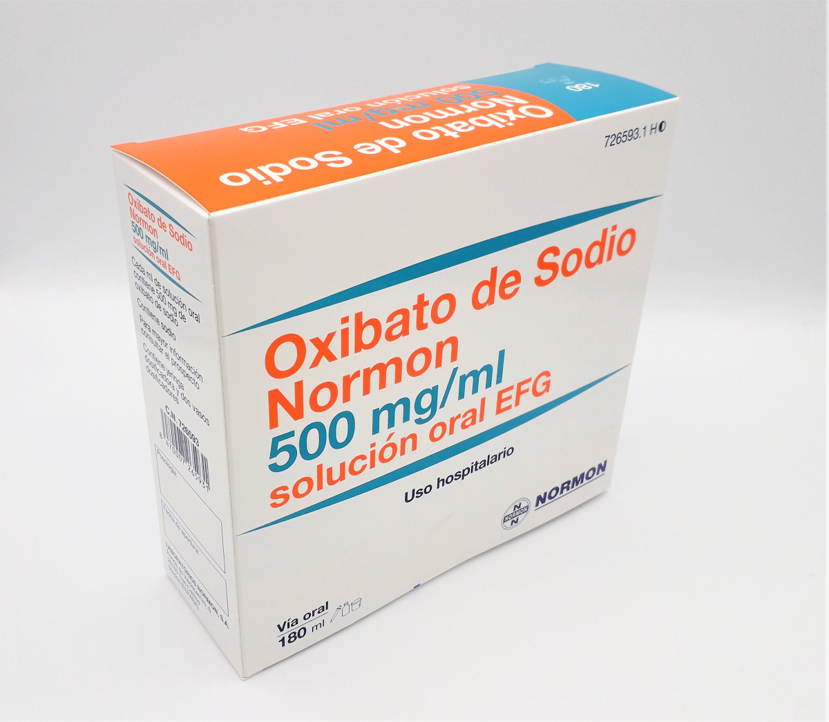 OXIBATO DE SODIO NORMON 500 MG/ML SOLUCION ORAL EFG, 1 frasco de 180 ml fotografía del envase.