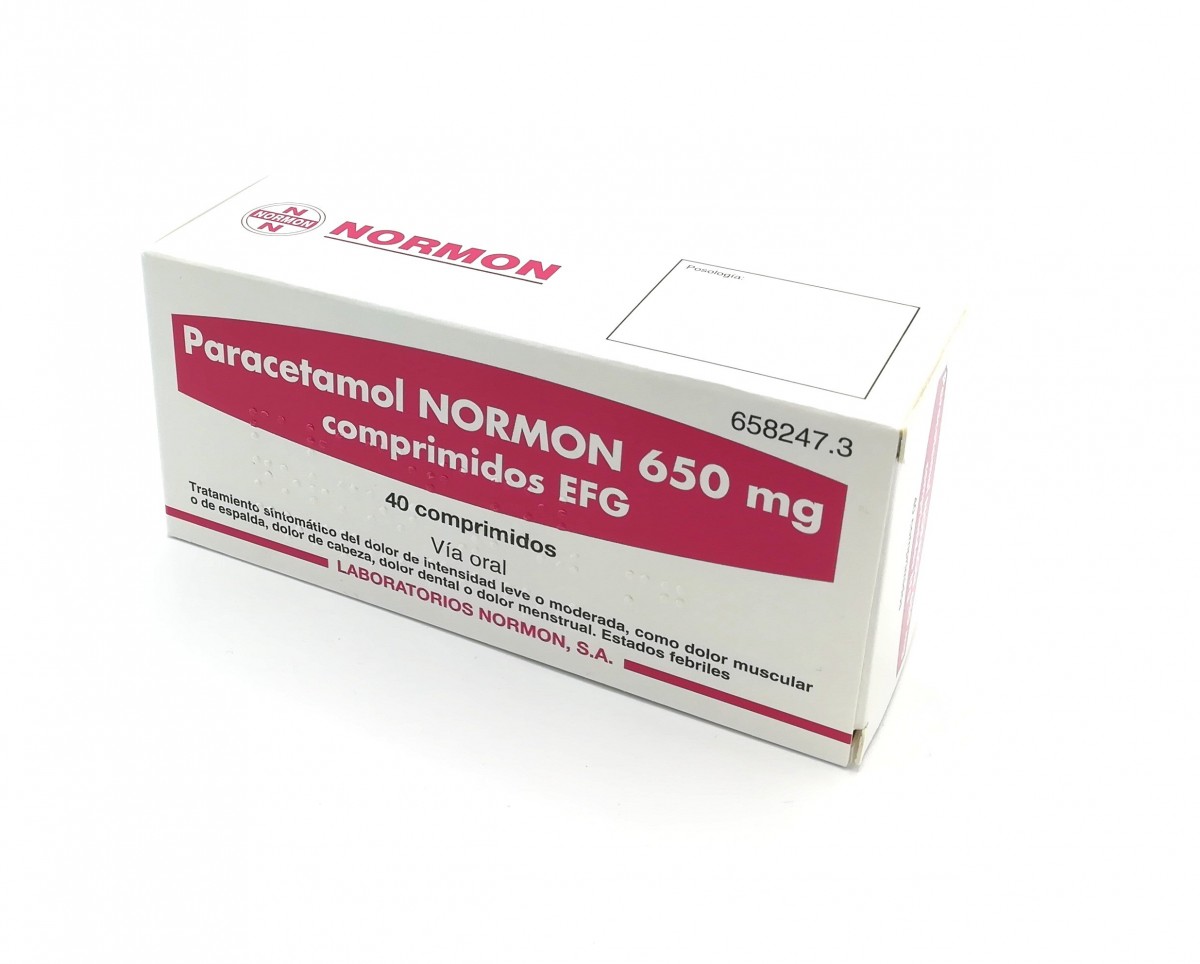PARACETAMOL NORMON 650 mg COMPRIMIDOS EFG, 20 comprimidos fotografía del envase.