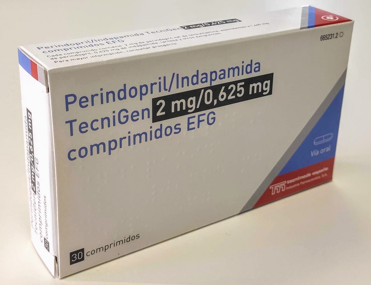 PERINDOPRIL/INDAPAMIDA TECNIGEN 2 mg/0,625 mg COMPRIMIDOS EFG, 30 comprimidos fotografía del envase.