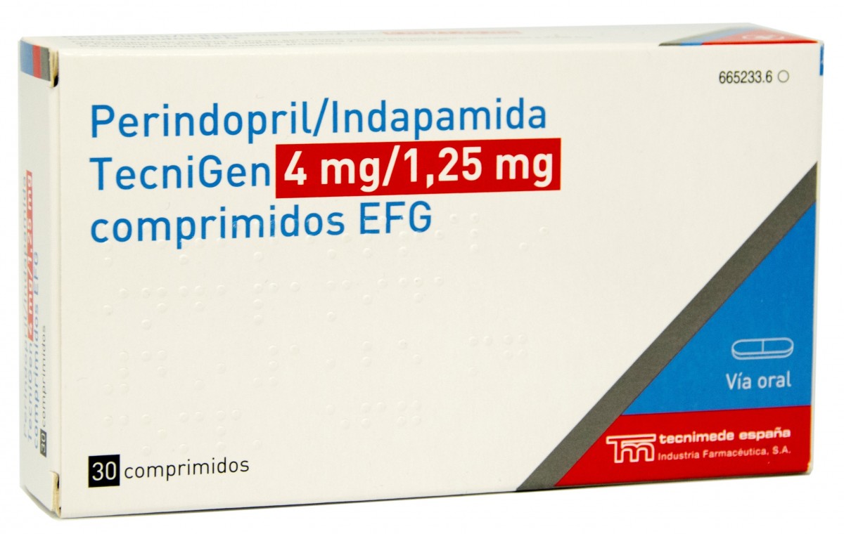 PERINDOPRIL/INDAPAMIDA TECNIGEN 4 mg/1,25 mg COMPRIMIDOS EFG, 30 comprimidos fotografía del envase.