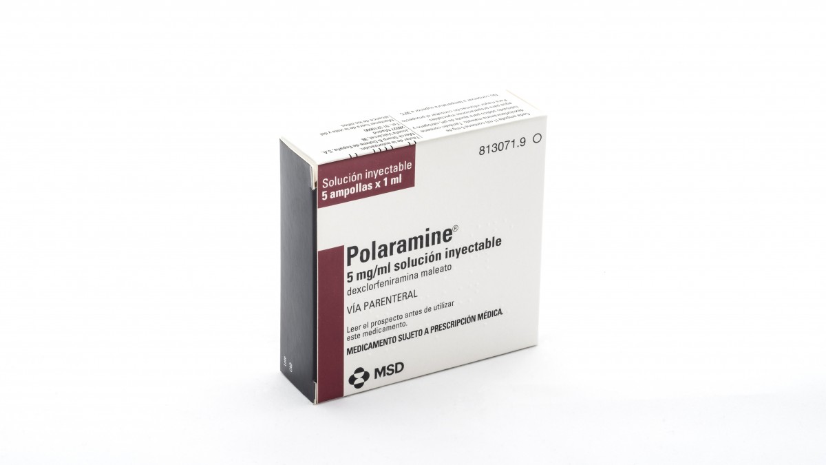 POLARAMINE 5 mg/ml SOLUCION INYECTABLE , 5 ampollas de 1 ml fotografía del envase.