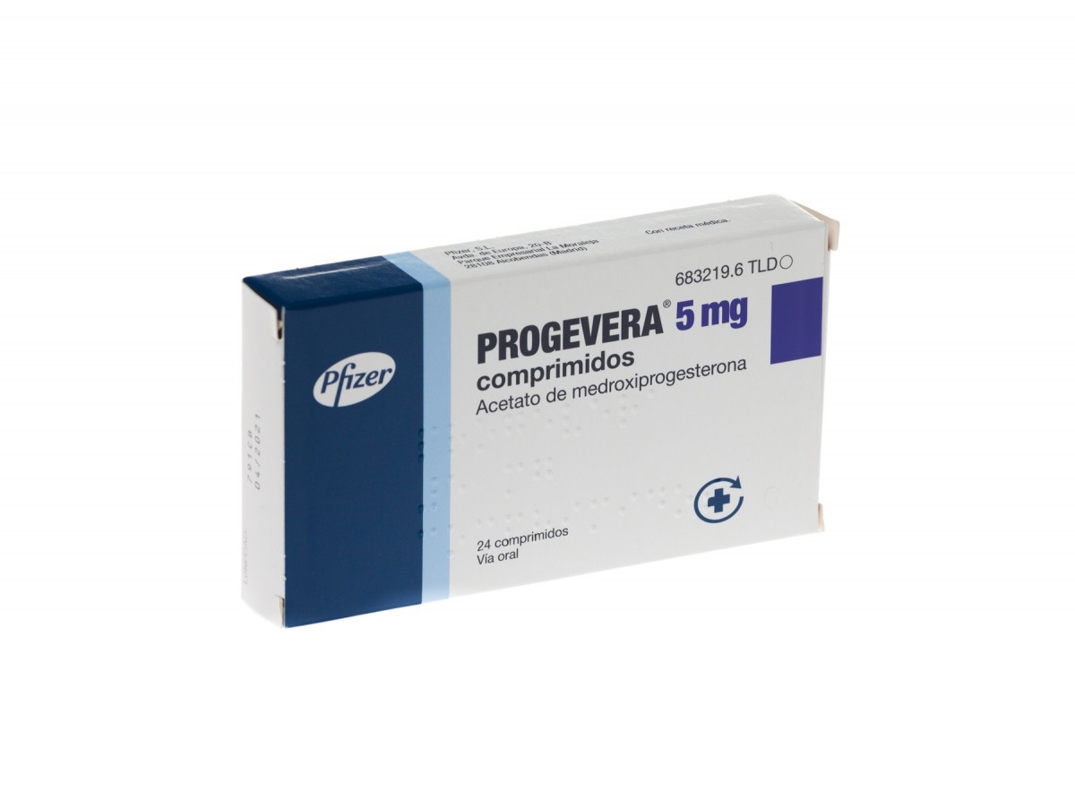 PROGEVERA 5 mg COMPRIMIDOS, 24 comprimidos fotografía del envase.