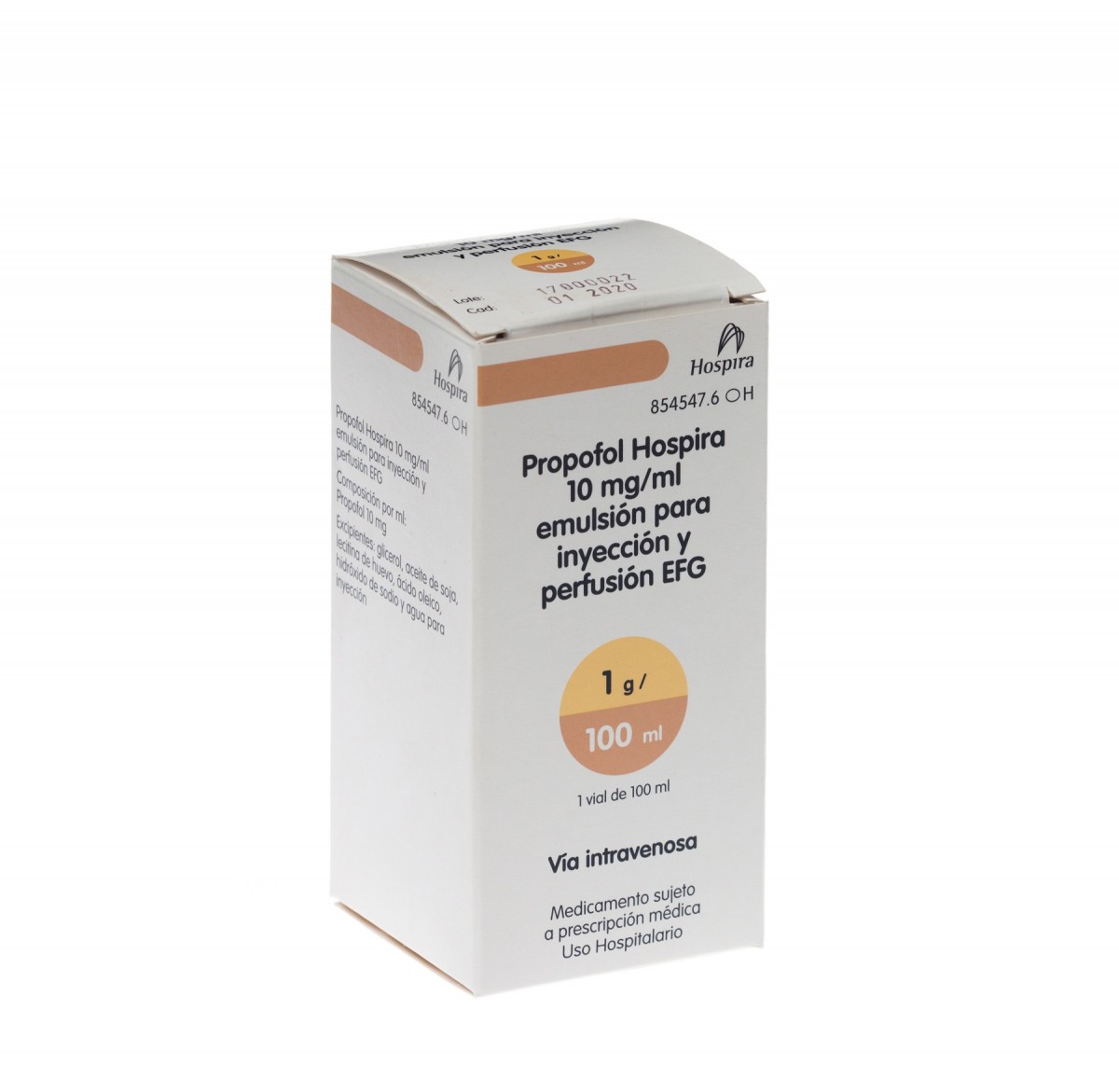 PROPOFOL HOSPIRA 10 mg/ml EMULSION PARA INYECCION Y PERFUSION EFG, 1 vial de 50 ml fotografía del envase.