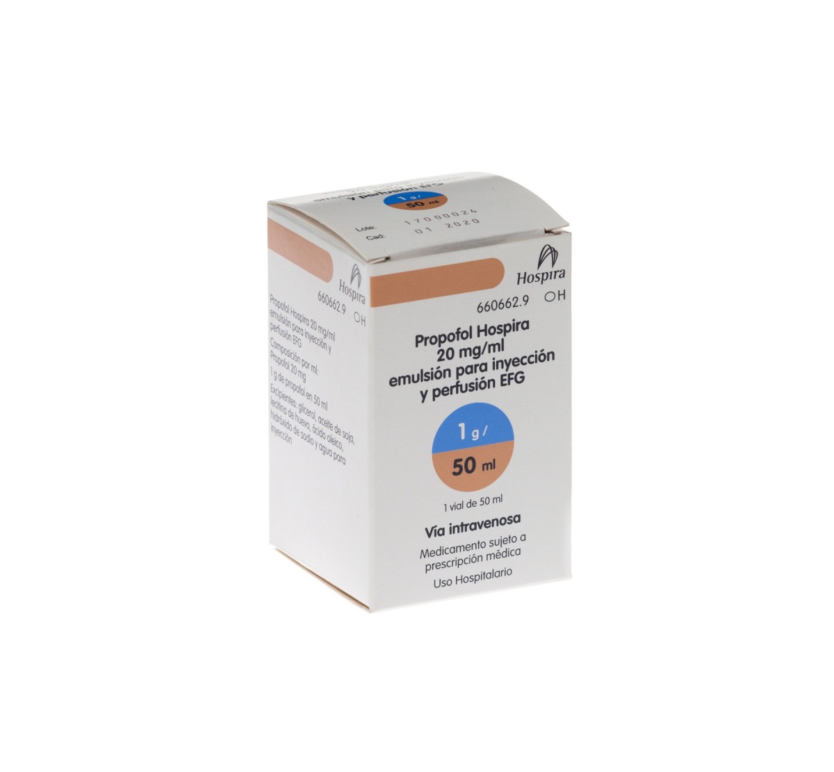 PROPOFOL HOSPIRA 20 mg/ml EMULSION PARA INYECCION Y PERFUSION EFG, 1 vial de 50 ml fotografía del envase.