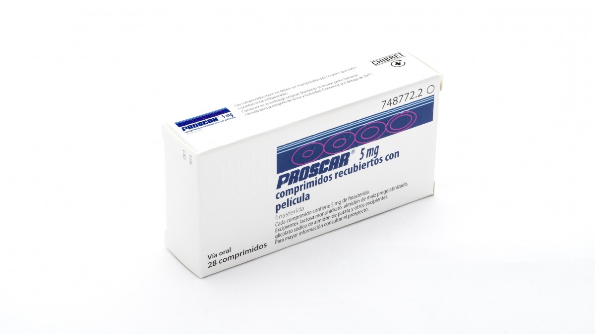PROSCAR 5 mg COMPRIMIDOS RECUBIERTOS CON PELÍCULA , 28 comprimidos fotografía del envase.