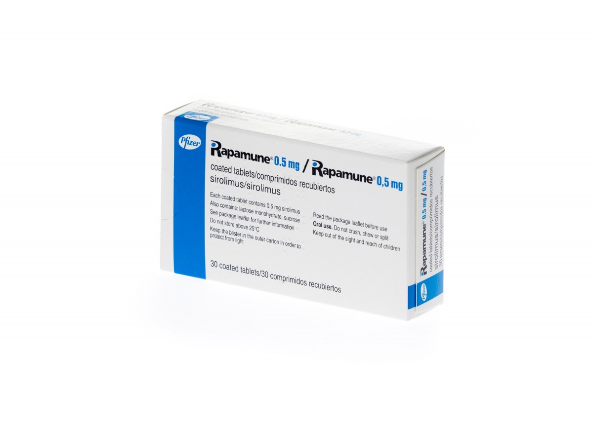 RAPAMUNE 0,5 mg COMPRIMIDOS RECUBIERTOS, 30 comprimidos fotografía del envase.