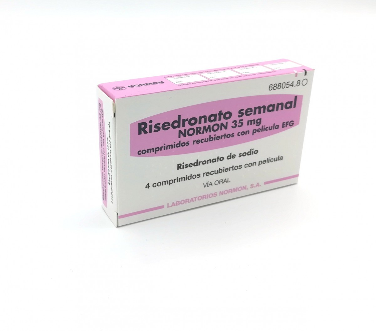 RISEDRONATO SEMANAL NORMON 35  mg COMPRIMIDOS RECUBIERTOS CON PELICULA EFG, 4 comprimidos fotografía del envase.