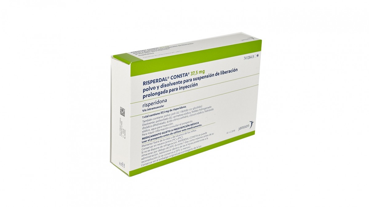 RISPERDAL CONSTA, 37,5 mg POLVO Y DISOLVENTE PARA SUSPENSION DE LIBERACION PROLONGADA PARA INYECCION INTRAMUSCULAR , 1 vial + 1 jeringa precargada de disolvente fotografía del envase.