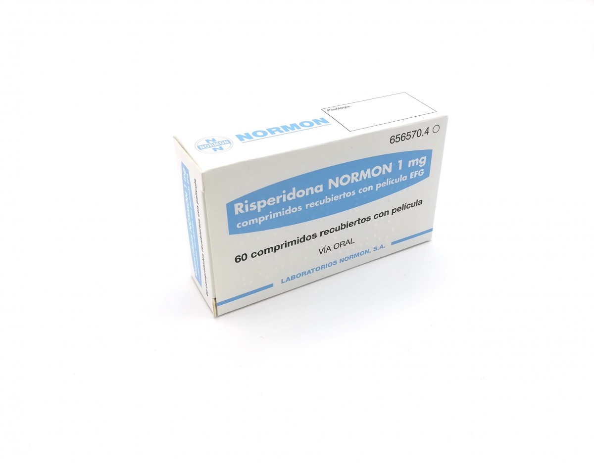RISPERIDONA NORMON 1 mg COMPRIMIDOS RECUBIERTOS CON PELICULA EFG, 20 comprimidos fotografía del envase.
