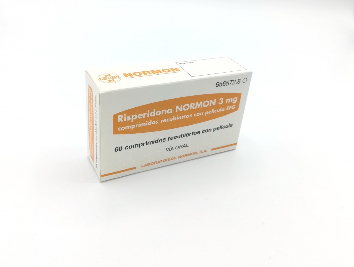 RISPERIDONA NORMON 3 mg COMPRIMIDOS RECUBIERTOS CON PELICULA EFG, 60 comprimidos fotografía del envase.