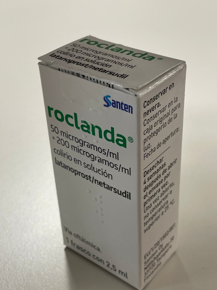 ROCLANDA 50 MICROGRAMOS/ML + 200 MICROGRAMOS/ML COLIRIO EN SOLUCION, 1 frasco de 2,5 ml fotografía del envase.