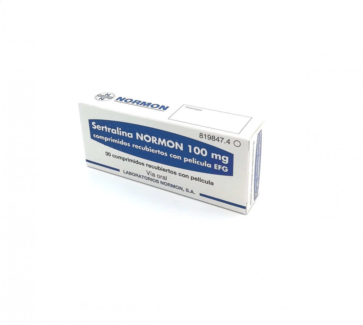 SERTRALINA NORMON 100 mg COMPRIMIDOS RECUBIERTOS CON PELICULA EFG, 30 comprimidos fotografía del envase.