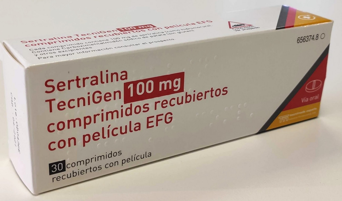 SERTRALINA TECNIGEN 100 mg COMPRIMIDOS RECUBIERTOS CON PELICULA EFG, 60 comprimidos fotografía del envase.