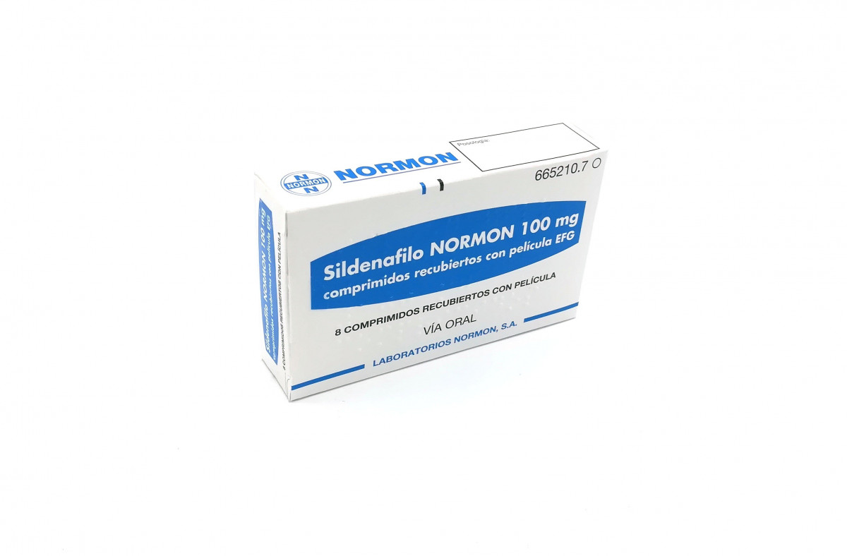 SILDENAFILO NORMON 100 mg COMPRIMIDOS RECUBIERTOS CON PELICULA EFG, 12 comprimidos fotografía del envase.