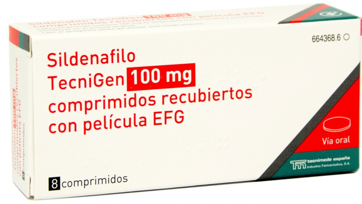 SILDENAFILO TECNIGEN 100 mg COMPRIMIDOS RECUBIERTOS CON PELICULA EFG, 8 comprimidos fotografía del envase.