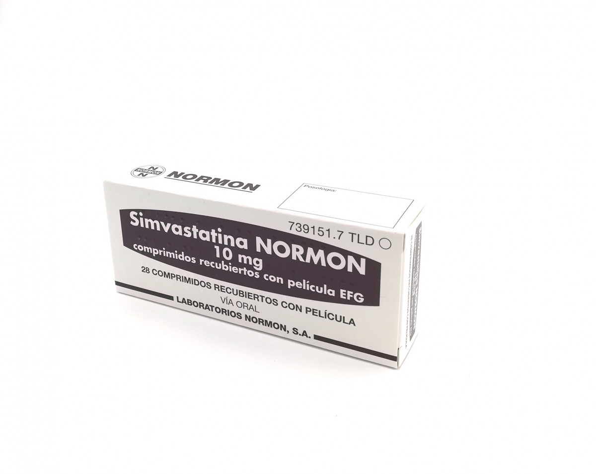 SIMVASTATINA NORMON 10 mg COMPRIMIDOS RECUBIERTOS CON  PELICULA EFG , 28 comprimidos fotografía del envase.