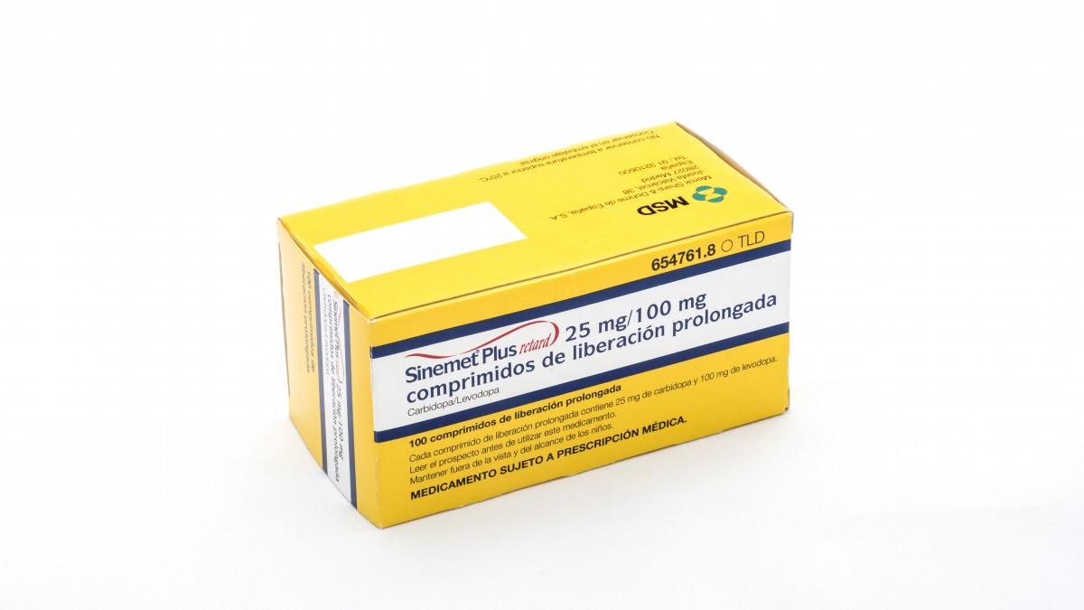 SINEMET PLUS RETARD 25 mg/100 mg COMPRIMIDOS DE LIBERACION PROLONGADA , 100 comprimidos fotografía del envase.