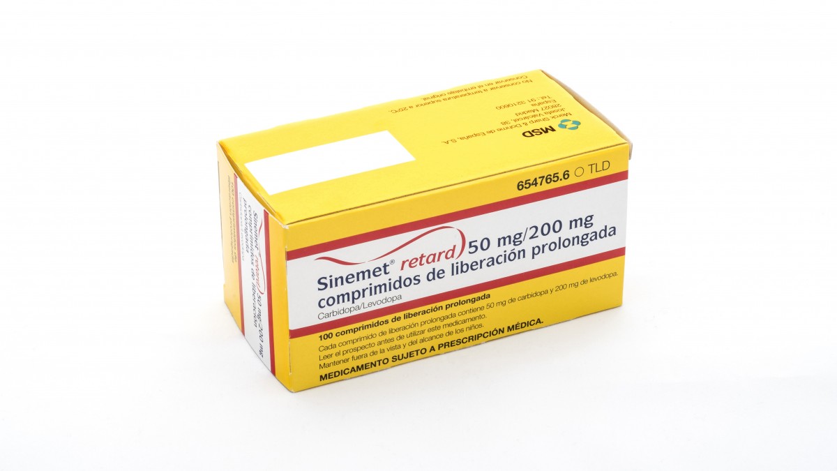 SINEMET RETARD 50 mg/200 mg COMPRIMIDOS DE LIBERACION PROLONGADA , 100 comprimidos fotografía del envase.