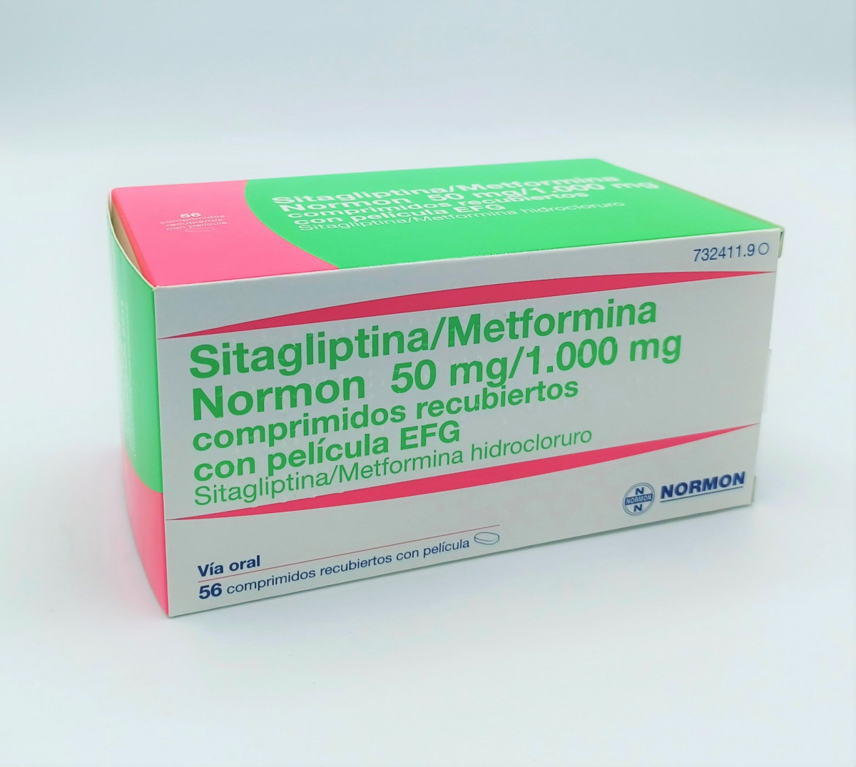 SITAGLIPTINA/METFORMINA NORMON 50 MG/1.000 MG COMPRIMIDOS RECUBIERTOS CON PELICULA EFG, 56 comprimidos (Al/PA/Al/PVC) fotografía del envase.