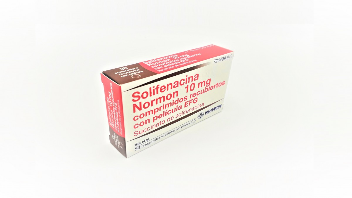 SOLIFENACINA NORMON 10 MG COMPRIMIDOS RECUBIERTOS CON PELICULA EFG, 30 comprimidos (Blister Al/PVC) fotografía del envase.