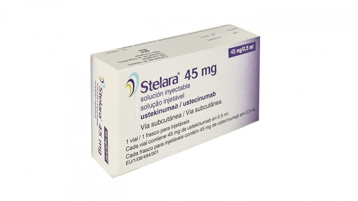 STELARA 45 mg SOLUCION INYECTABLE, 1 vial de 0,5 ml fotografía del envase.
