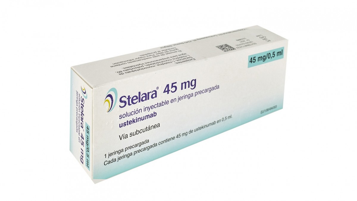 STELARA 45 mg SOLUCION INYECTABLE EN JERINGA PRECARGADA , 1 jeringa precargada de 0,5 ml fotografía del envase.