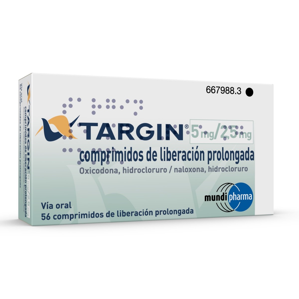 TARGIN 5 mg/2,5 mg COMPRIMIDOS DE LIBERACION PROLONGADA , 56 comprimidos fotografía del envase.