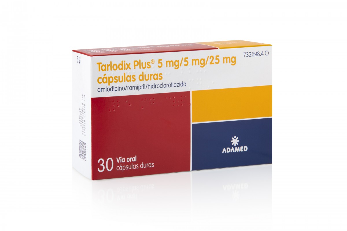 TARLODIX PLUS 5 mg/5 mg/25 mg capsulas duras, 30 cápsulas fotografía del envase.