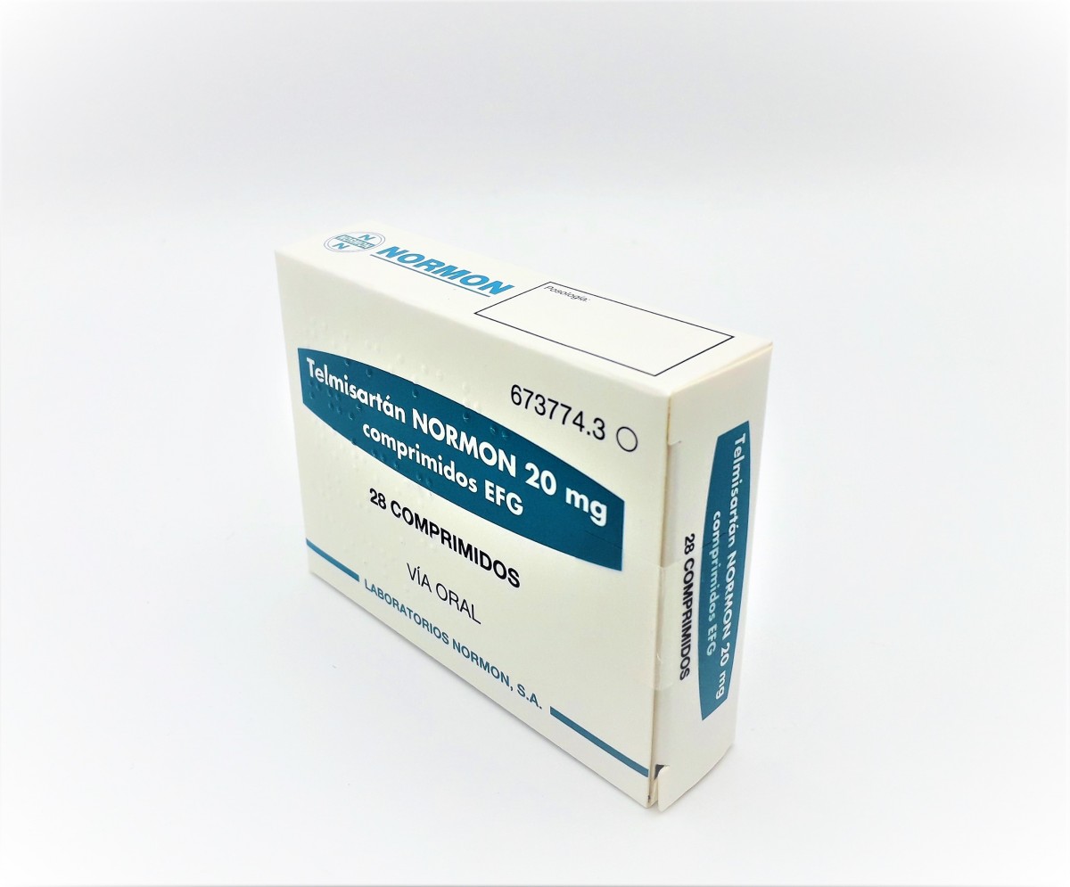 TELMISARTAN NORMON 20 mg COMPRIMIDOS EFG, 28 comprimidos fotografía del envase.