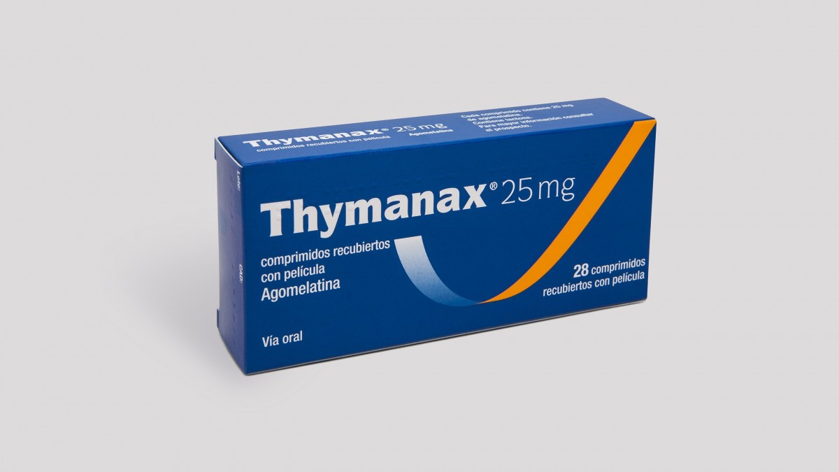 THYMANAX 25 mg COMPRIMIDOS RECUBIERTOS CON PELICULA , 28 comprimidos fotografía del envase.