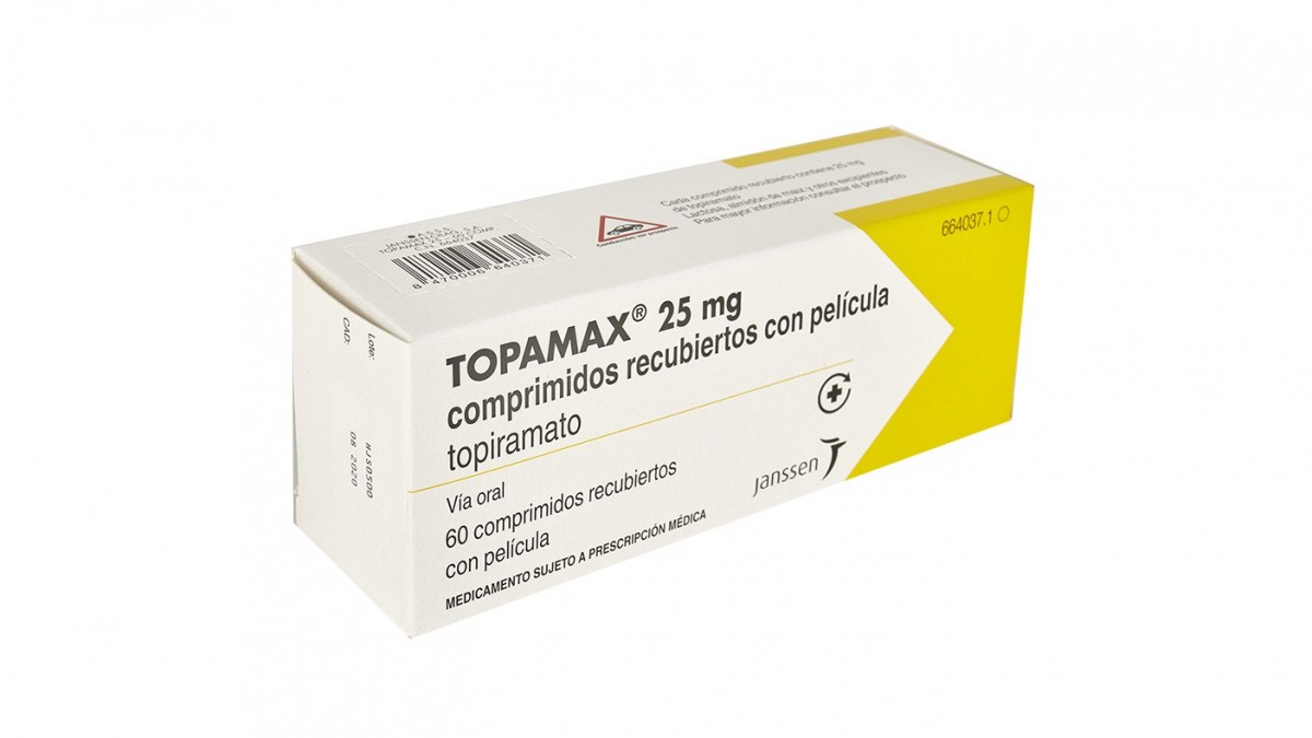 TOPAMAX 25 mg COMPRIMIDOS RECUBIERTOS CON PELICULA , 60 comprimidos fotografía del envase.