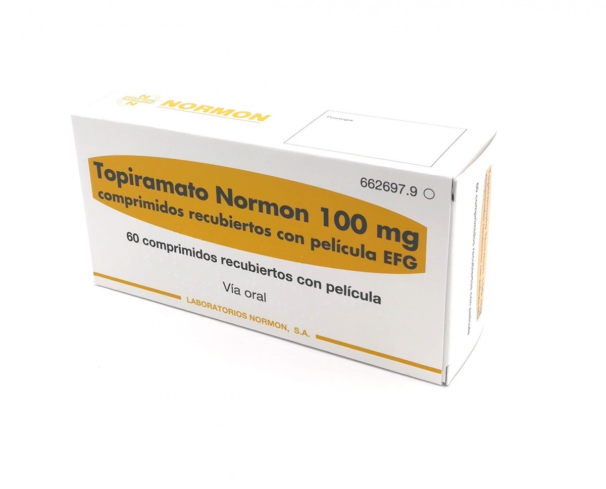 TOPIRAMATO NORMON 100 mg COMPRIMIDOS RECUBIERTOS CON PELICULA EFG, 60 comprimidos fotografía del envase.