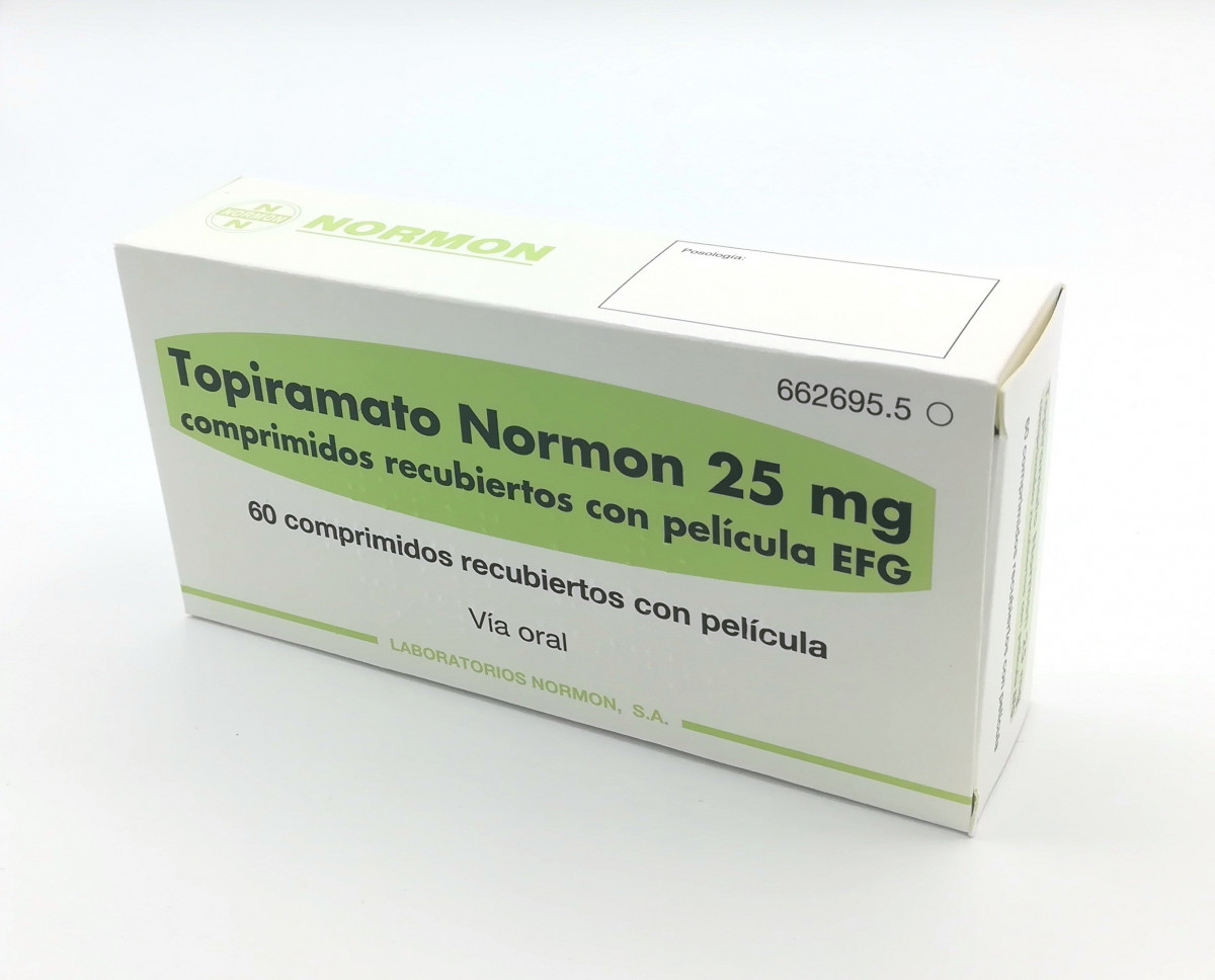 TOPIRAMATO NORMON 25 mg COMPRIMIDOS RECUBIERTOS CON PELICULA EFG, 28 comprimidos fotografía del envase.