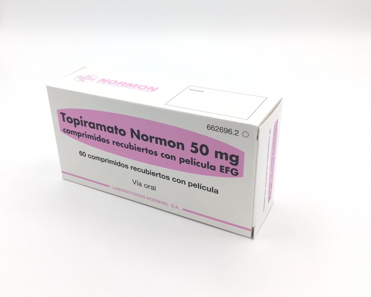 TOPIRAMATO NORMON 50 mg COMPRIMIDOS RECUBIERTOS CON PELICULA EFG, 60 comprimidos fotografía del envase.
