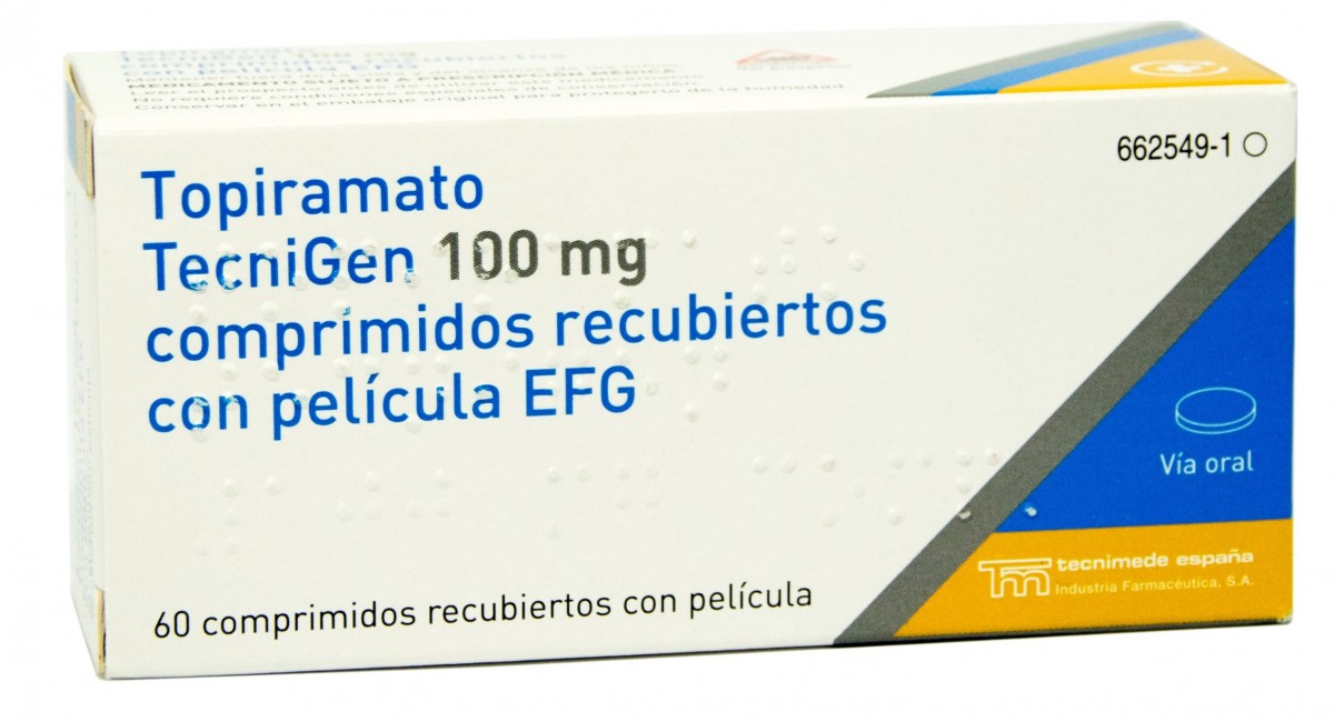 TOPIRAMATO TECNIGEN 100 mg COMPRIMIDOS RECUBIERTOS CON PELICULA EFG, 60 comprimidos fotografía del envase.