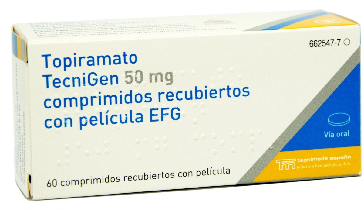 TOPIRAMATO TECNIGEN 50 mg COMPRIMIDOS RECUBIERTOS CON PELICULA EFG, 60 comprimidos fotografía del envase.