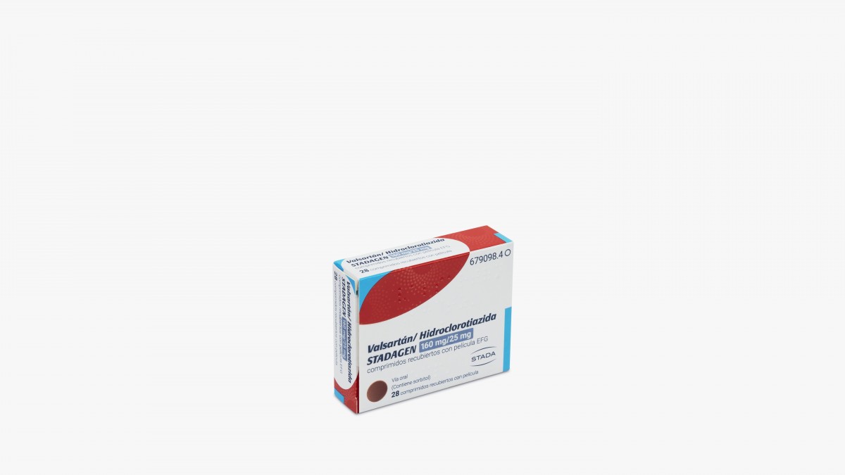 VALSARTAN/HIDROCLOROTIAZIDA STADAFARMA 160 mg/25 mg COMPRIMIDOS RECUBIERTOS CON PELICULA EFG , 28 comprimidos fotografía del envase.