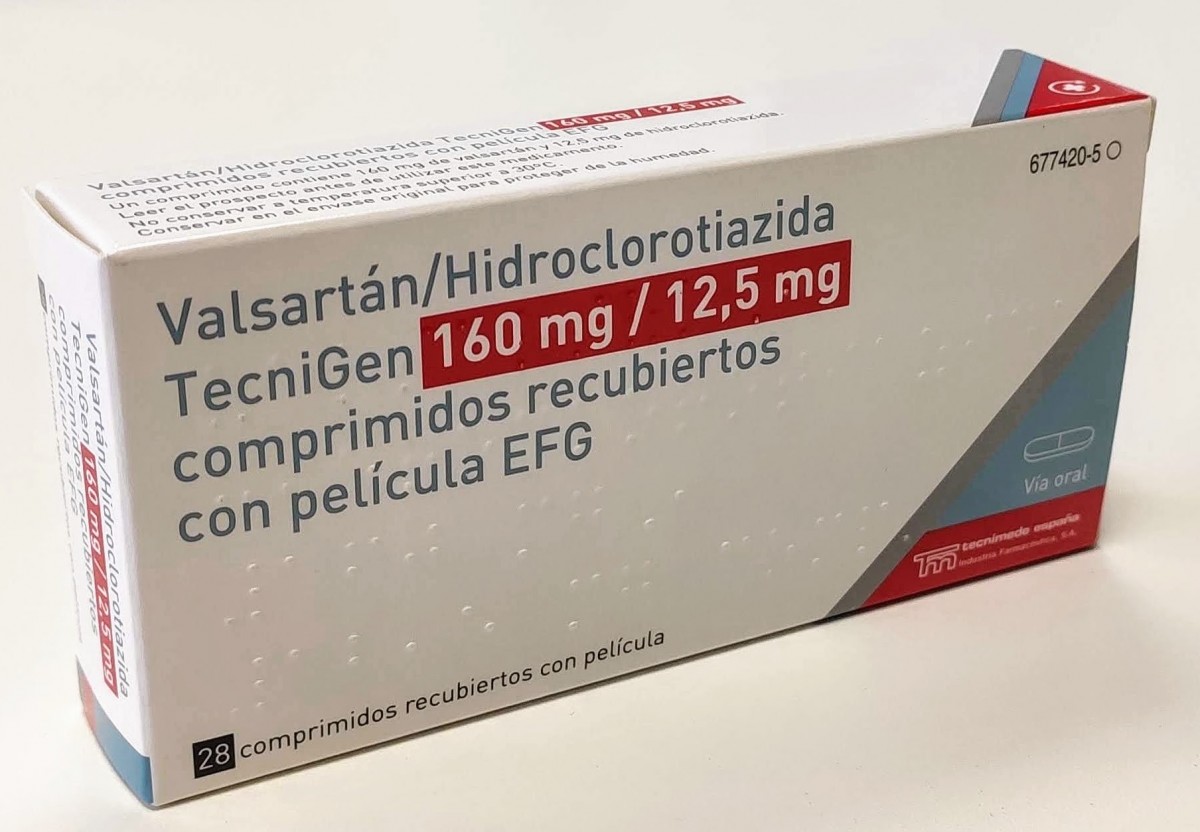 VALSARTAN/HIDROCLOROTIAZIDA TECNIGEN 160 mg/12,5 mg COMPRIMIDOS RECUBIERTOS CON PELICULA EFG, 28 comprimidos fotografía del envase.