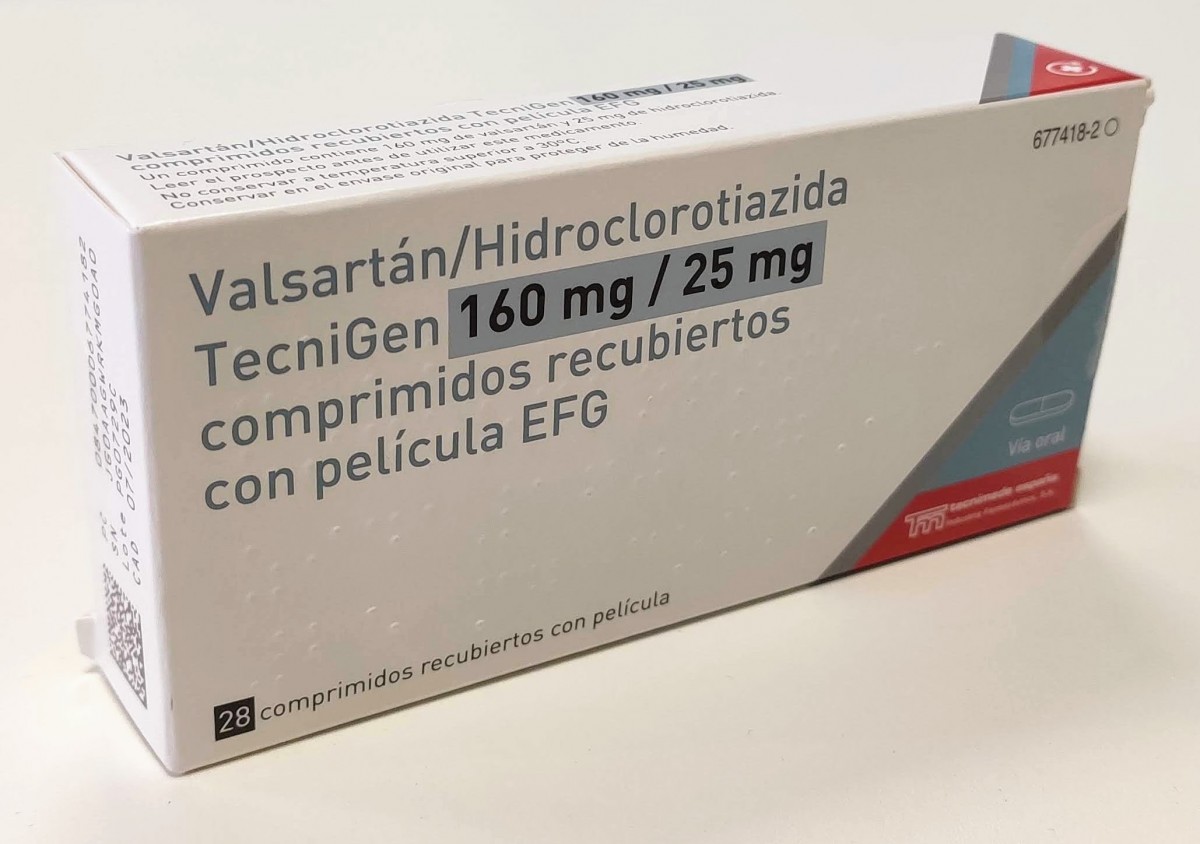 VALSARTAN/HIDROCLOROTIAZIDA TECNIGEN 160 mg/25 mg COMPRIMIDOS RECUBIERTOS CON PELICULA EFG, 28 comprimidos fotografía del envase.