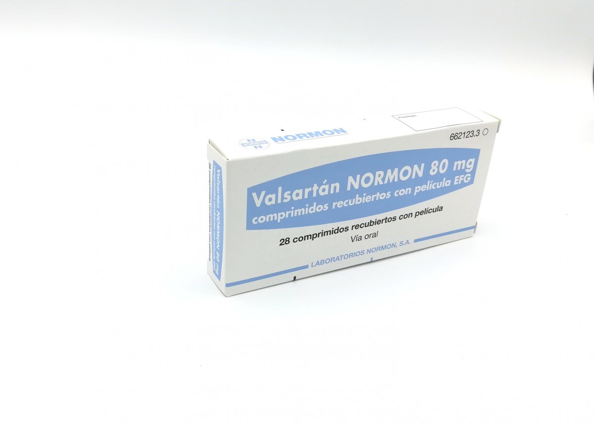 VALSARTAN NORMON 80 mg COMPRIMIDOS RECUBIERTOS CON PELICULA EFG , 28 comprimidos fotografía del envase.