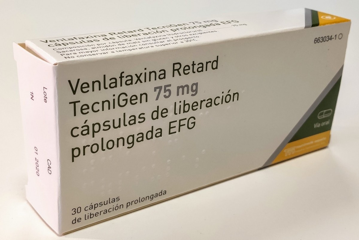 VENLAFAXINA RETARD TECNIGEN 75 mg CAPSULAS DE LIBERACION PROLONGADA EFG, 500 cápsulas fotografía del envase.