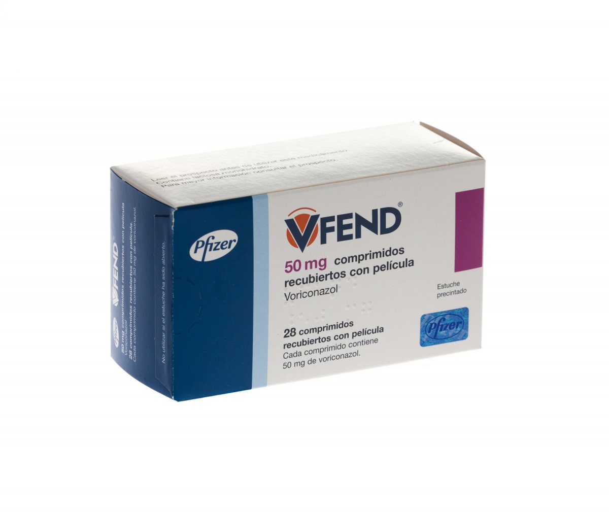 VFEND 50 mg COMPRIMIDOS RECUBIERTOS CON PELICULA, 28 comprimidos fotografía del envase.