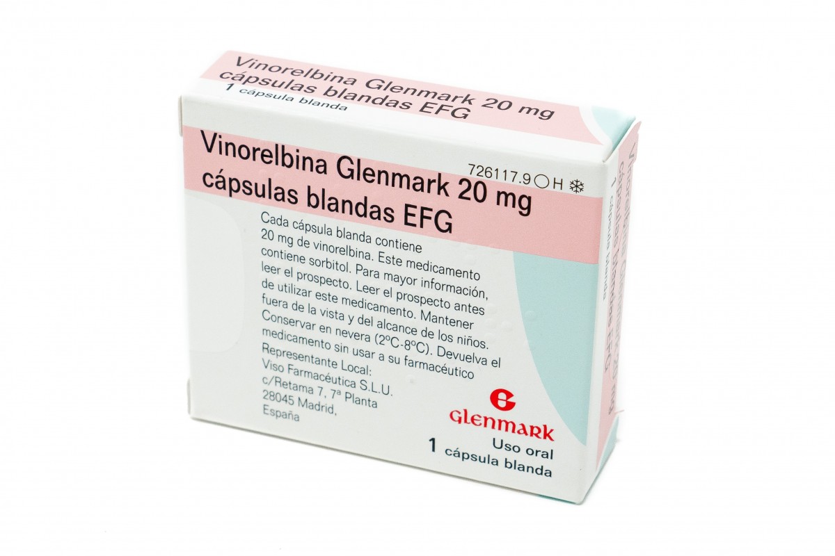 VINORELBINA GLENMARK 20 MG  CAPSULAS BLANDAS EFG, 1 cápsula fotografía del envase.