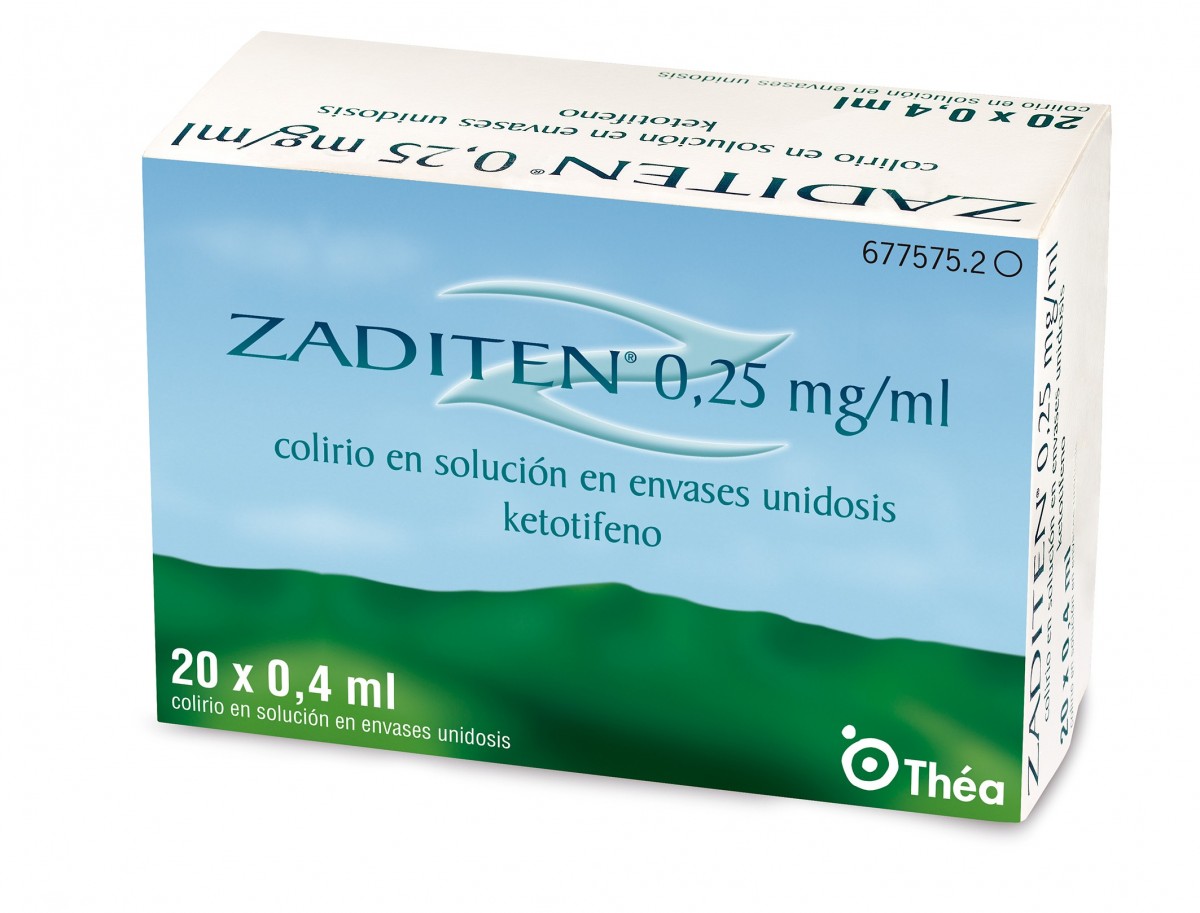 ZADITEN 0,25 mg/ml COLIRIO EN SOLUCION EN ENVASE UNIDOSIS , 20 envases unidosis de 0,4 ml fotografía del envase.